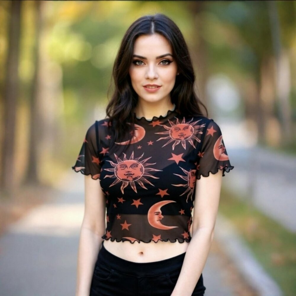 Sheer Floral Mesh Short Sleeve Top ✦ Black Embroidered Stretch Fit ✦ Gothic Chic
